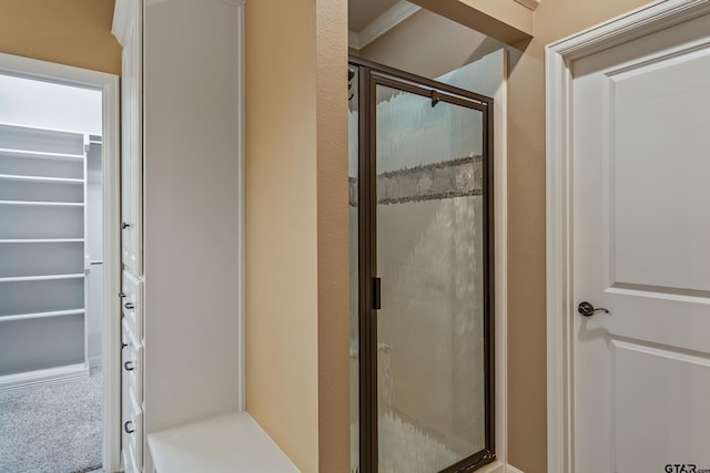 full bath featuring a stall shower and a walk in closet