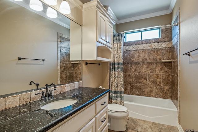 bathroom featuring ornamental molding, shower / bath combination with curtain, toilet, and vanity