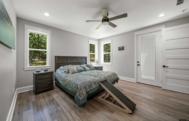 14607 Reserve Ct, Tyler, TX 75707 - bedroom with multiple windows, wood finished floors, recessed lighting, and ceiling fan