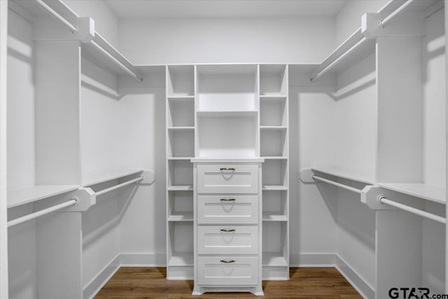 spacious closet with dark wood finished floors