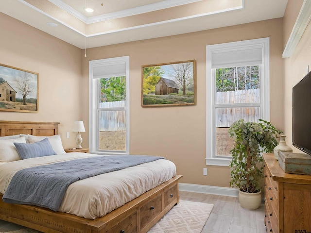 bedroom featuring ornamental molding and a raised ceiling