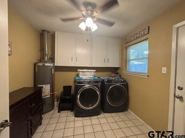 3010 Cook Ln, Longview, TX 75602 - washroom with water heater, cabinet space, ceiling fan, separate washer and dryer, and light tile patterned floors