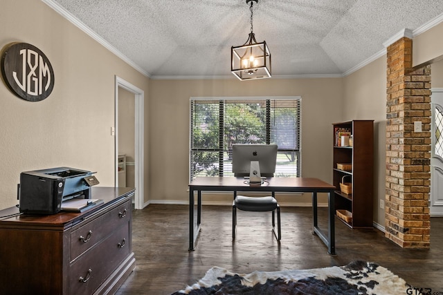 1801 N Fairway, Mount Pleasant, TX 75455 - office area featuring a textured ceiling, dark wood-style floors, ornamental molding, and ornate columns
