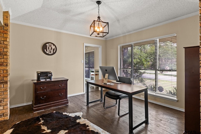 1801 N Fairway, Mount Pleasant, TX 75455 - office space with a textured ceiling, a chandelier, dark wood finished floors, and ornamental molding