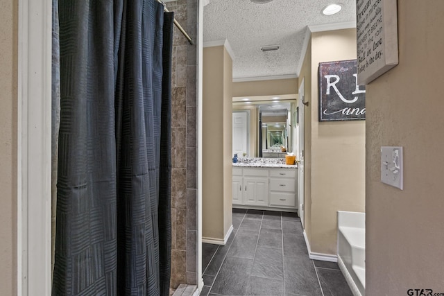 1801 N Fairway, Mount Pleasant, TX 75455 - bathroom with crown molding, vanity, a garden tub, a shower with curtain, and a textured ceiling