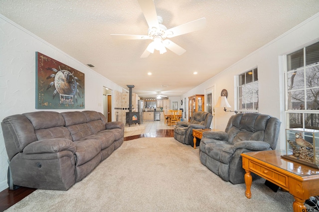 living room with ornamental molding, a wood stove, and a textured ceiling