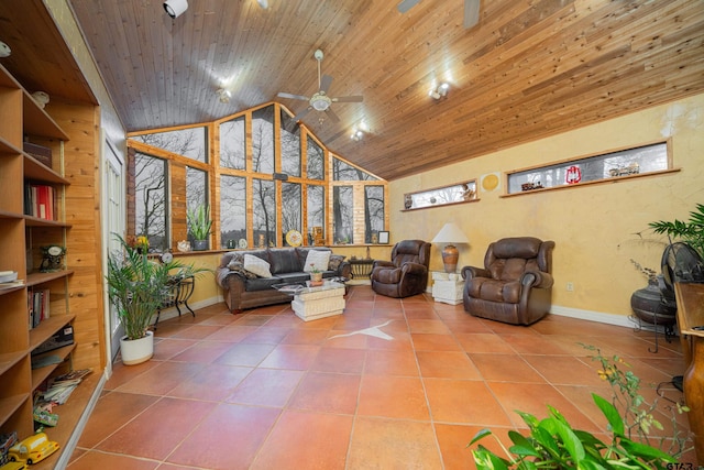 living room with tile patterned floors, high vaulted ceiling, ceiling fan, and wood ceiling