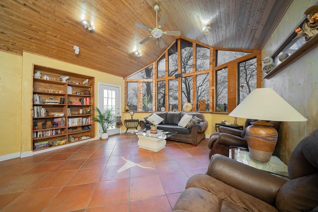 tiled living room with ceiling fan, high vaulted ceiling, built in shelves, and wooden ceiling