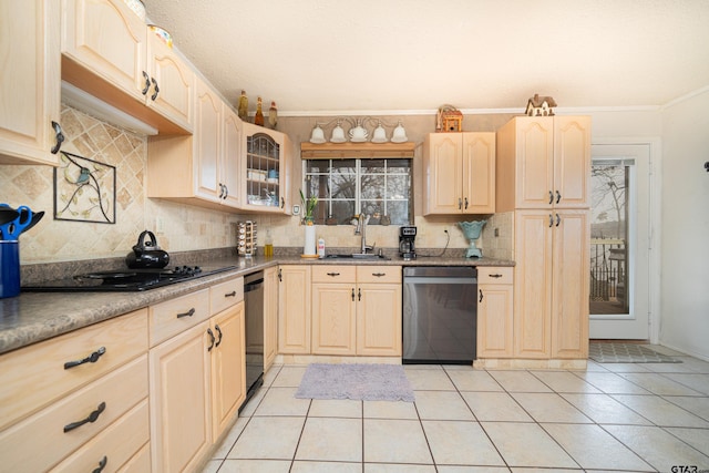 kitchen featuring sink, black appliances, light brown cabinetry, and ornamental molding