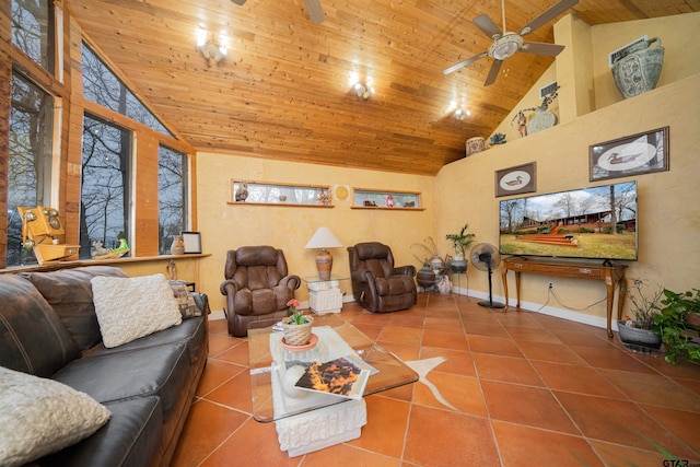 tiled living room featuring ceiling fan, high vaulted ceiling, and wooden ceiling