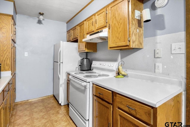 kitchen featuring brown cabinets, light floors, light countertops, white electric range, and under cabinet range hood