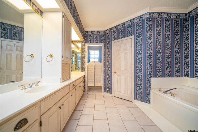 9211 Elm Tree Cir, Tyler, TX 75703 - full bathroom with wallpapered walls, tile patterned flooring, ornamental molding, vanity, and a garden tub