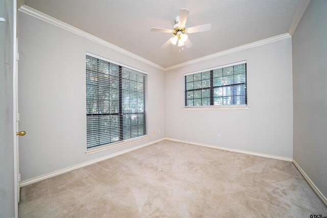 9211 Elm Tree Cir, Tyler, TX 75703 - spare room featuring crown molding, ceiling fan, carpet, baseboards, and a textured ceiling