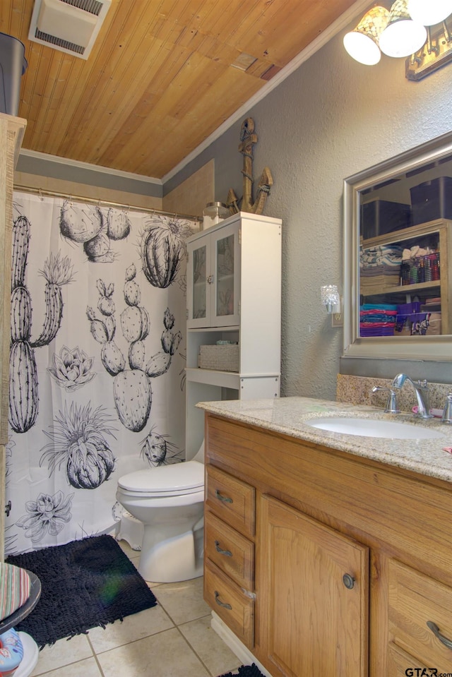 bathroom with tile patterned floors, toilet, wood ceiling, and crown molding