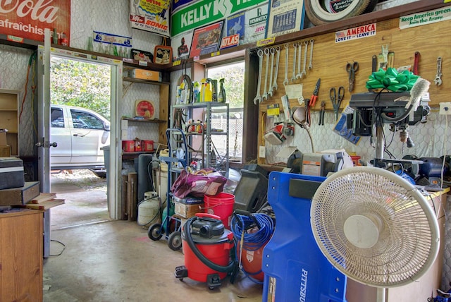 garage with a workshop area