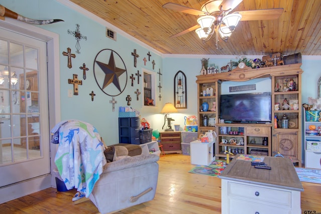 living room featuring vaulted ceiling, wood ceiling, crown molding, and light hardwood / wood-style flooring