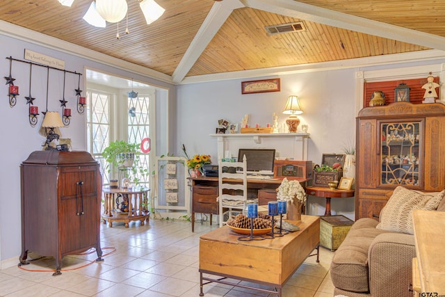 living room featuring light tile patterned flooring and wooden ceiling