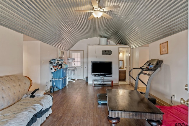 living area with a ceiling fan, lofted ceiling, and wood finished floors