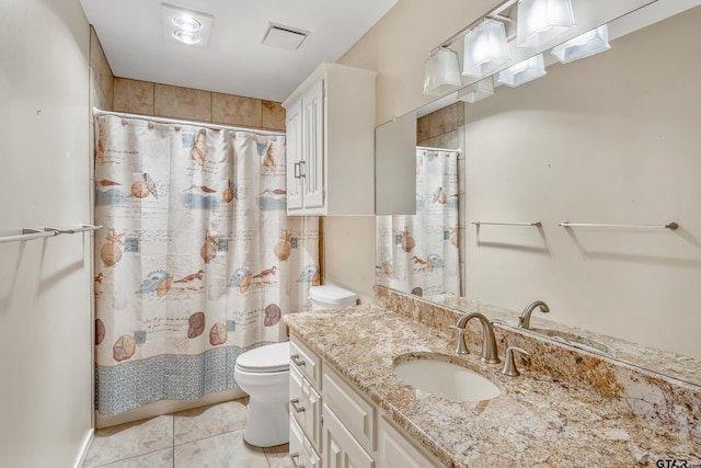 full bathroom featuring tile patterned flooring, visible vents, toilet, a shower with curtain, and vanity