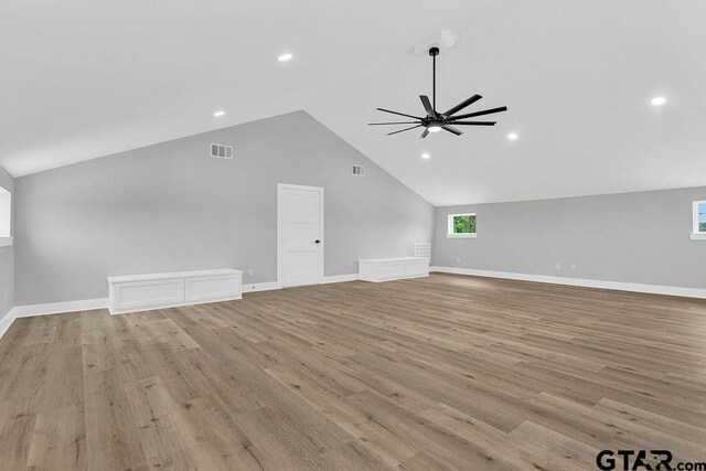 3255 Vz County Road 2120, Canton, TX 75103 - additional living space with ceiling fan, light wood-style floors, baseboards, recessed lighting, and high vaulted ceiling
