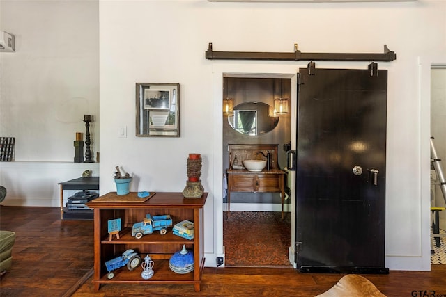 interior space with a barn door, dark hardwood / wood-style flooring, and sink