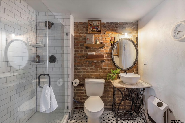 bathroom featuring vanity, heating unit, toilet, and walk in shower