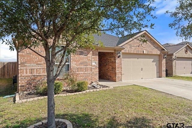 ranch-style house featuring a garage and a front yard