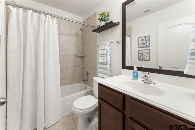 full bathroom featuring shower / tub combo, vanity, tile patterned flooring, and toilet