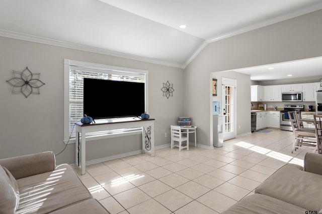 living room featuring crown molding, light tile patterned floors, and lofted ceiling