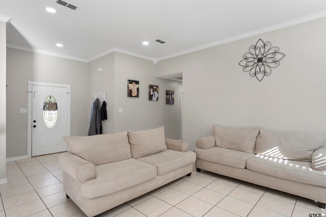 tiled living room with ornamental molding