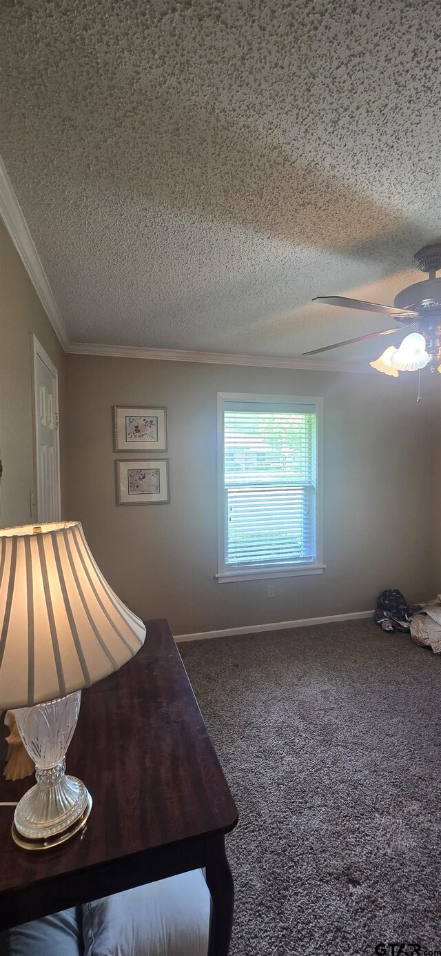 406 Brookwood Dr, Mount Pleasant, TX 75455 - bedroom with a textured ceiling, ornamental molding, carpet flooring, and a ceiling fan