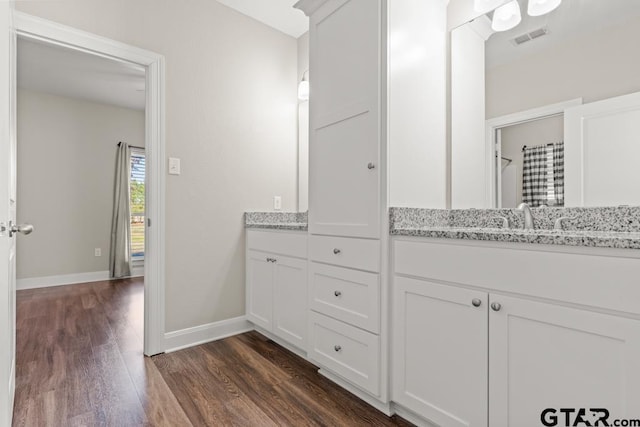 bathroom featuring vanity and wood-type flooring