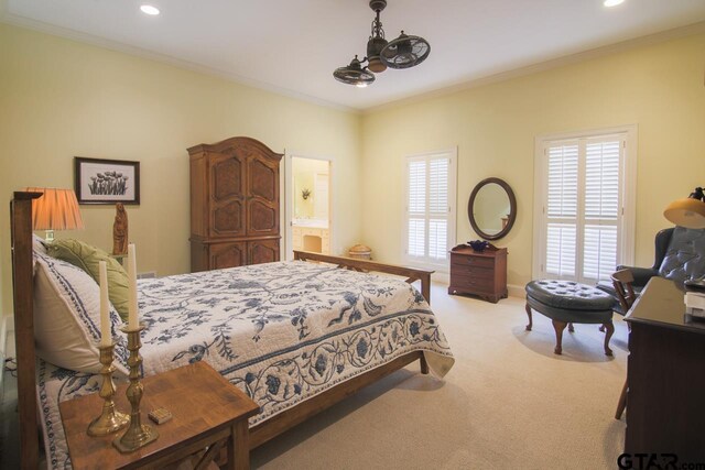 bedroom featuring ornamental molding, carpet, ensuite bath, and recessed lighting