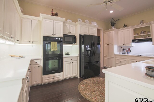 kitchen featuring black appliances, ceiling fan, white cabinets, and crown molding