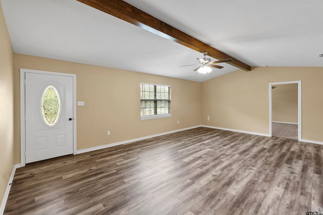 entrance foyer featuring baseboards, vaulted ceiling with beams, ceiling fan, and wood finished floors