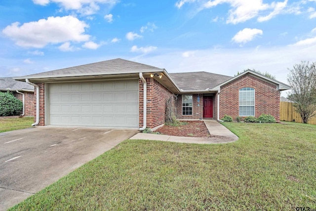 single story home with a front lawn, driveway, a shingled roof, a garage, and brick siding