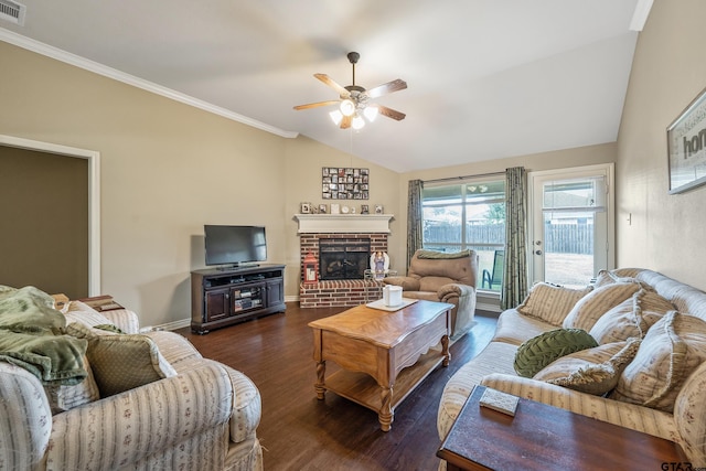 living room with visible vents, a fireplace, ceiling fan, dark wood-style flooring, and vaulted ceiling