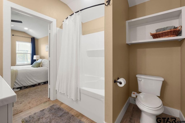17127 Meadowview Ln, Lindale, TX 75771 - ensuite bathroom featuring lofted ceiling, wood finished floors, shower / bath combo, and vanity