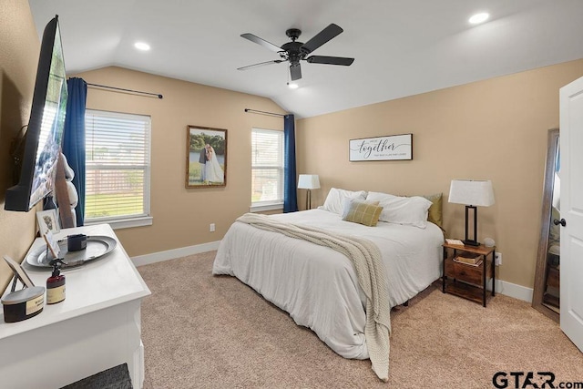 17127 Meadowview Ln, Lindale, TX 75771 - bedroom featuring vaulted ceiling, light colored carpet, recessed lighting, and ceiling fan
