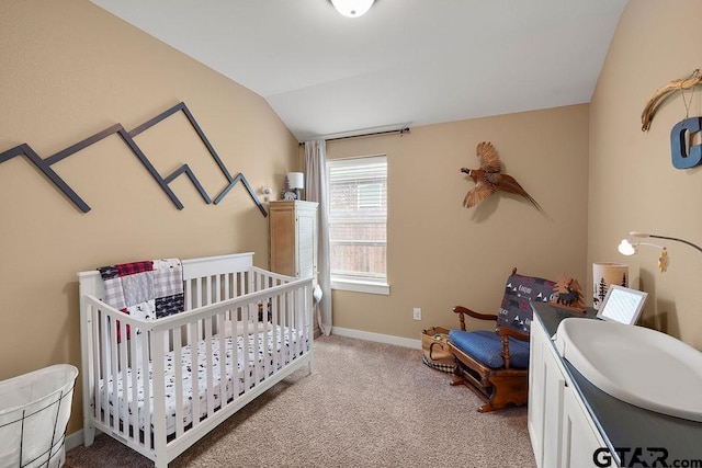17127 Meadowview Ln, Lindale, TX 75771 - bedroom featuring vaulted ceiling, light colored carpet, and a crib