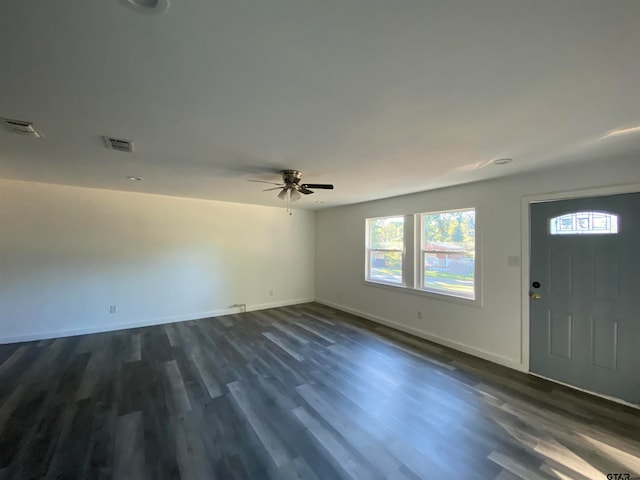 entrance foyer featuring dark wood-type flooring and ceiling fan