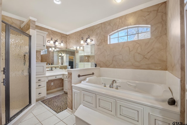 bathroom with tile patterned floors, vanity, separate shower and tub, and ornamental molding