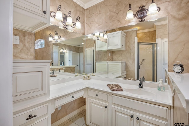 bathroom with tile patterned floors, vanity, crown molding, and walk in shower