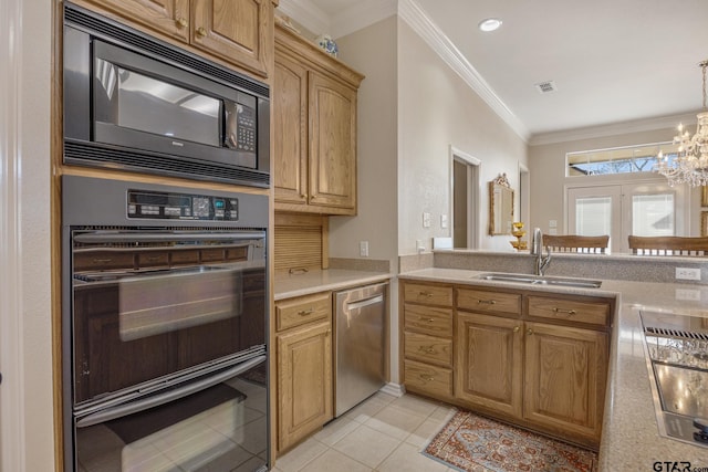 kitchen with sink, an inviting chandelier, crown molding, light tile patterned floors, and black appliances