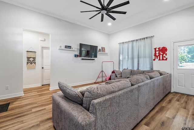 519 Crystal Ave, Rusk, TX 75785 - living area with ceiling fan, wood finished floors, crown molding, recessed lighting, and baseboards
