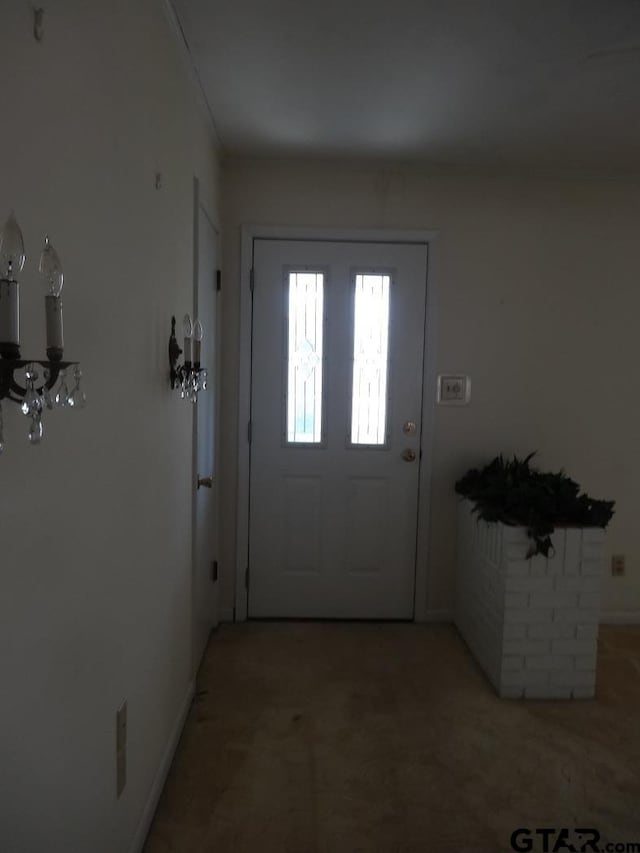 doorway to outside featuring carpet flooring