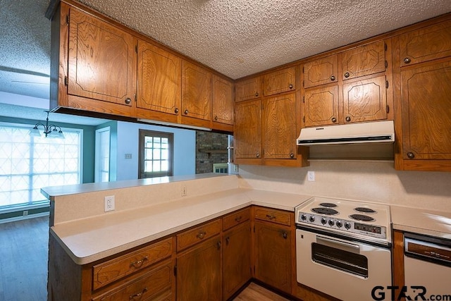 kitchen with brown cabinets, ventilation hood, a peninsula, and white range with electric stovetop