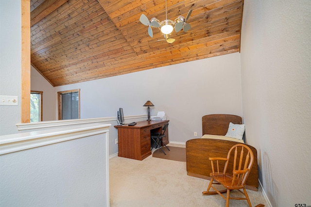 living area with light colored carpet, vaulted ceiling, and wooden ceiling