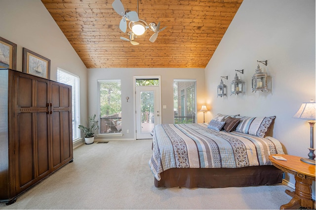 bedroom featuring ceiling fan, multiple windows, and wood ceiling