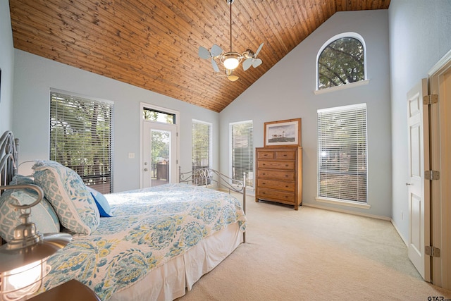 carpeted bedroom featuring high vaulted ceiling, ceiling fan with notable chandelier, access to outside, and wooden ceiling